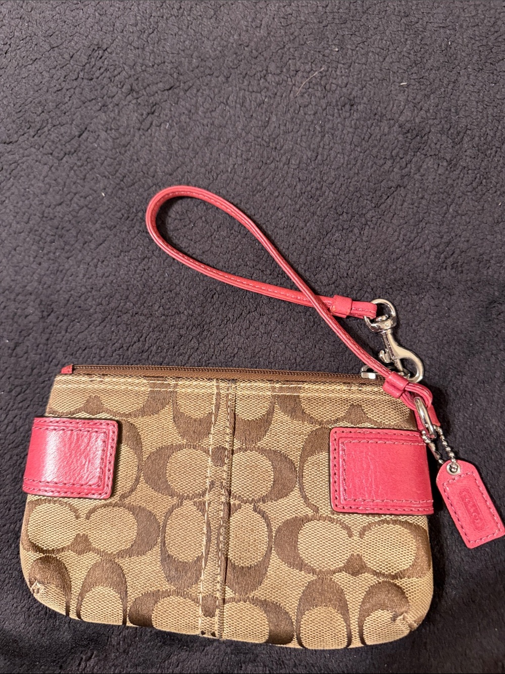 Coach Brown Signature Canvas Wristlet with Pink Trim